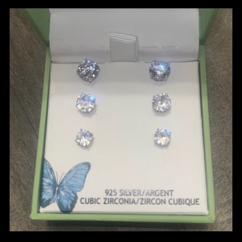 925 Silver/Argent Cubic Zirconia Stud Earrings 3 pairs 6 earrings